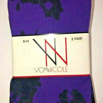 Von Nicole 2 Pack Purple Tie Dye / Solid Black Footless Pantyhose Tights - S/M