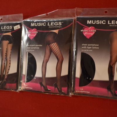 Music Legs Fishnet Pantyhose Bows Pin Striped Tiger Nylon Stockings LOT OF 3 NEW