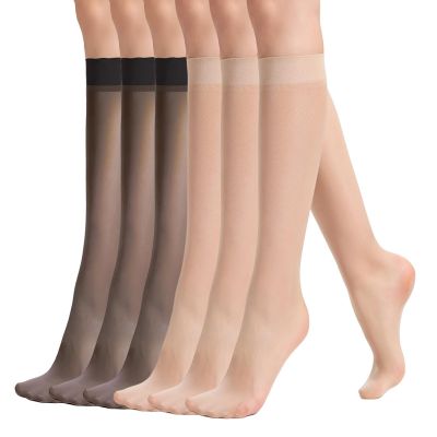 Womens 6 Pairs Knee High Sheer Tight Stockings Silky Ultra Thin Through High ...