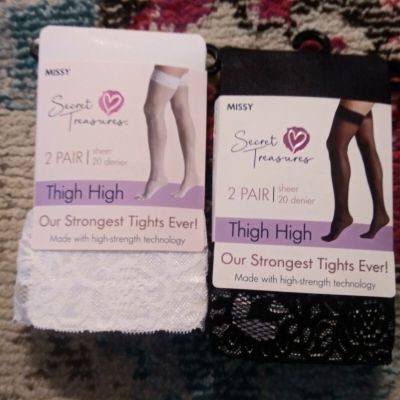 NEW 2 Secret Treasures Missy Thigh High 2 pair stockings lace top black white