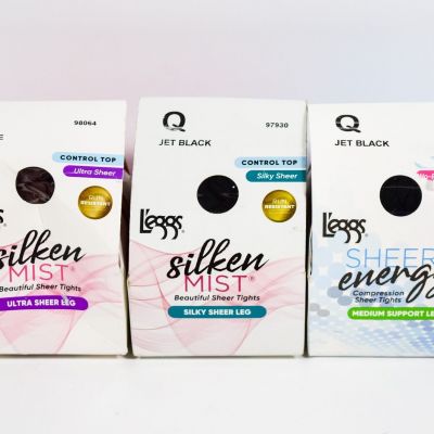 3 L'eggs  Silken Mist/Sheer Energy 2 JET BLACK/1 COFFEE Control Top Tights sz Q