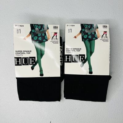 Hue Black Super Opaque Control Top Tights Size 1 New 2 Pair Pack