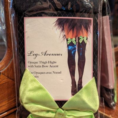 Leg Avenue Opaque Nylon Thigh Highs Stockings With Lime Satin Bow In Black  OSF