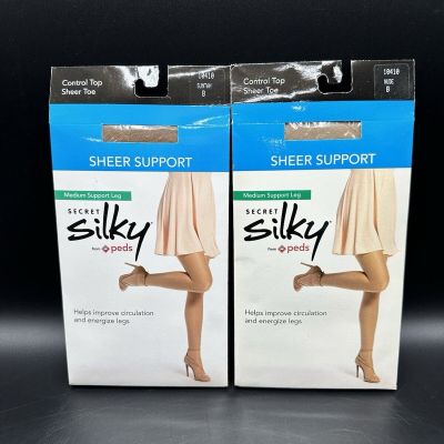 2-PC LOT SECRET SILKY SHEER SUPPORT CONTROL TOP Nude/Suntan SIZE B NIP
