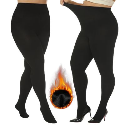Plus Size Fleece Lined Tights 200D Black Winter Warm Opaque Thermal Tights fo...