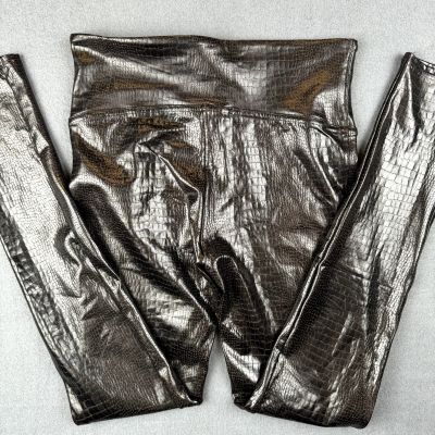 SPANX Faux Leather Croc Embossed Shine Leggings Sz M Black Brown Pant 20303R