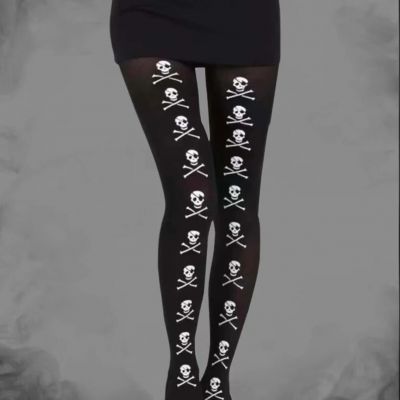 Gothic Skull and Crossbones Pattern Print Black Tights Pantyhose One Size US