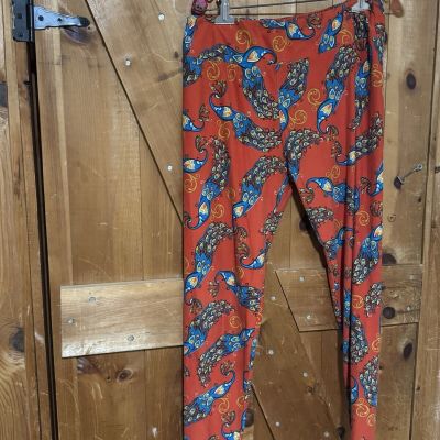 Lularoe One Size Leggings Bright Red-Orange with Teal Peacock Tall & Curvy EUC
