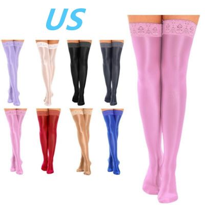 US Women Glossy Hold Up Thigh High Stockings Solid Stretchy Lace Trim Long Socks