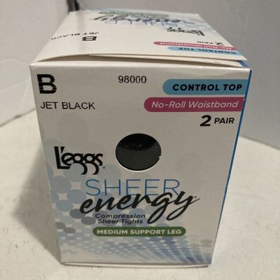 B JET BLACK L'EGGS SHEER ENERGY MEDIUM LEG SUPPORT CONTROL TOP NO ROLL TIGHT 2PK