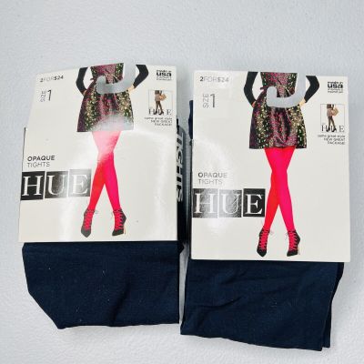 NEW HUE Opaque Tights Non-Control Top Size 1 Blue Navy 2 Pair Pack
