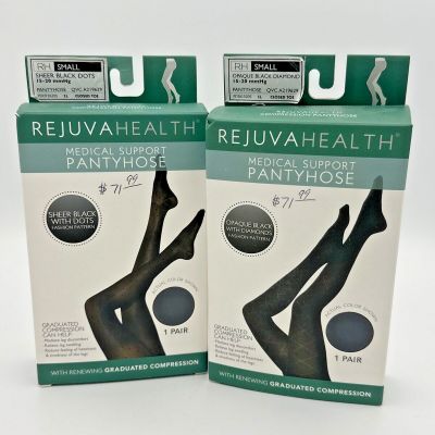 Two Rejuvahealth Medical Support Pantyhose Compression Small Black Diamond & Dot