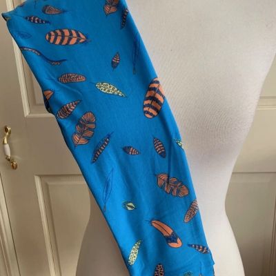 Lularoe Leggings OS Sky Blue with Peach and Yellow Feathers VINTAGE 2016