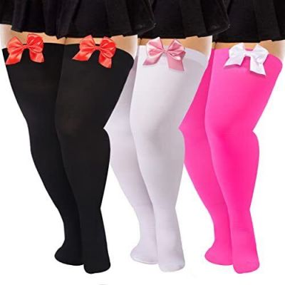 3 Pairs Women Plus Size Bow Thigh Highs Stockings Opaque Over the Knee Socks ...