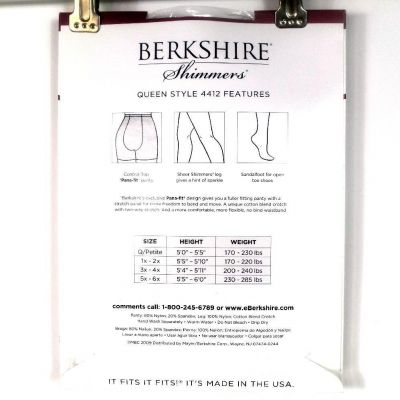 Berkshire Queen Shimmers Ultra Sheer Control Top Pantyhose Ch Siz Color New 4412