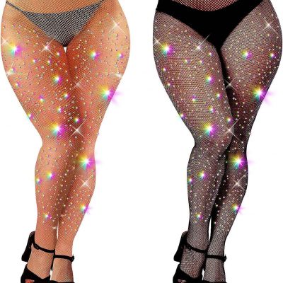 Buauty 2PCS High Waist Rhinestone Fishnets Stockings for Women Plus Size Sparkle