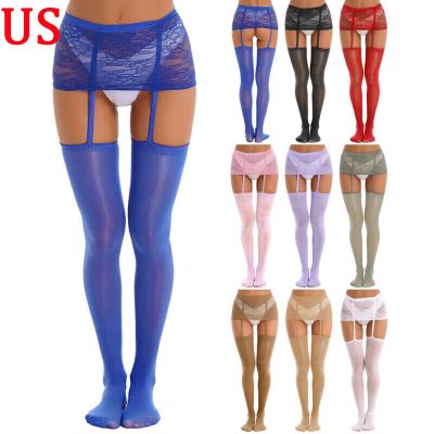 US Womens Lingerie Glossy Thigh-High Stockings Miniskirts Garter Belt Pantyhose
