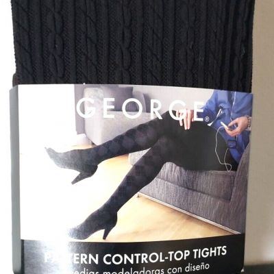 NEW Ladies George Footed Tights Size 1 Small Black Pattern Control Top Opaque