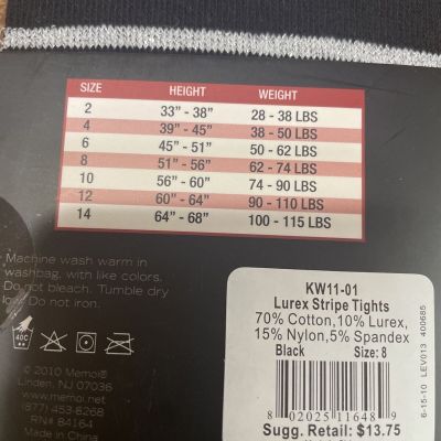 MeMoi  Knit Sweater Tights Size 8 Black Lured Stripe New In Package