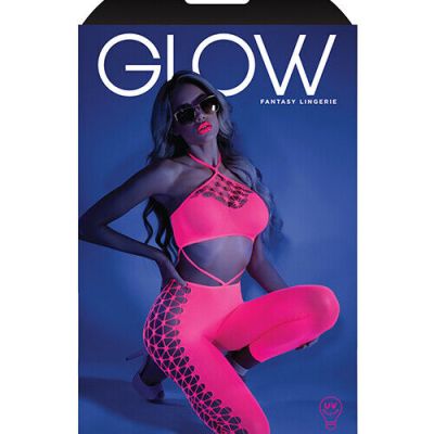 GLOW BLACK LIGHT CROPPED CUTOUT HALTHER BODYSTOCKING NEON PINK