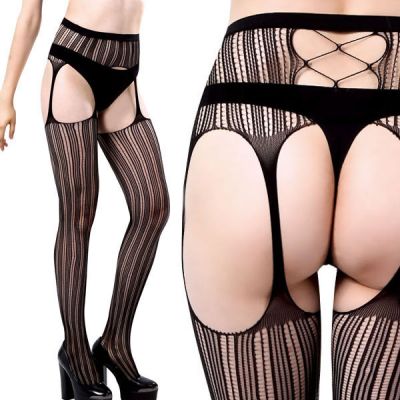 Black Fishnet Pinstriped Open Suspender Garter Stocking Tight Thigh-Hi Pantyhose