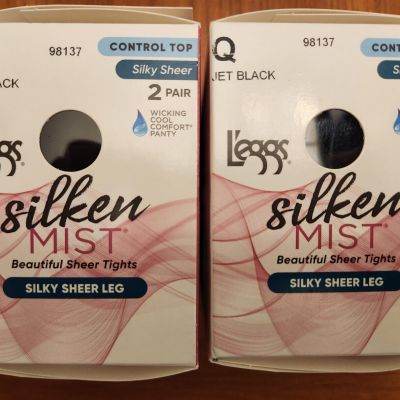 Leggs Silken Mist 4 PAIR / JET BLACK / Q Control Top Silky Sheer Tights #98137