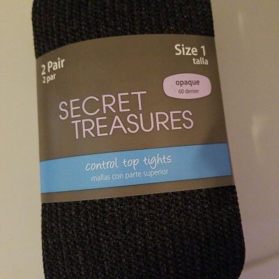 Secret Treasures Control Top Tights, 2 PAIR, Size 1, Rib Charcoal/Black Opaque