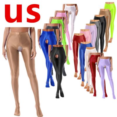 US Women Pantyhose Crotchless High Waist Pants Oil Glossy Footed Tights Lingerie