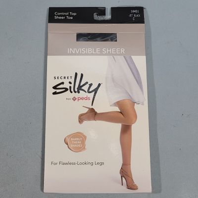Secret Silky By Peds Control Top Pantyhose Jet Black Invisible Sheer Size C