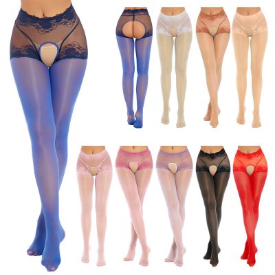 Women Oil Glossy Nylon Tights Sheer See Through High Waist Hollow Out Pantyhose