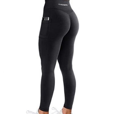 Workout Leggings for Women Seamless Scrunch Large 1-black Marl With Pockets