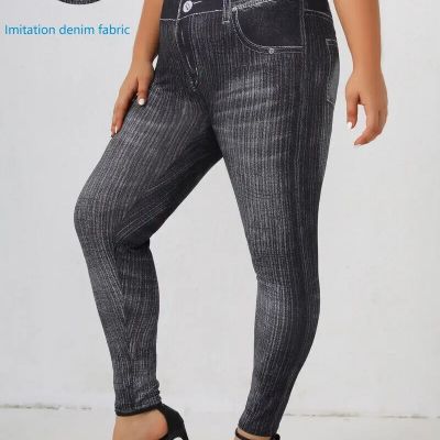 Plus Size High-Waisted Printed Denim Leggings 0X Black