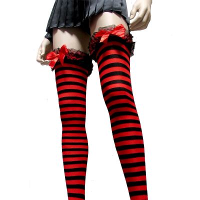 PARTY TIME  COSTUME   FANCY GARTER TOP BLACK RED STRIPE STOCKINGS THIGH HIGH NWT