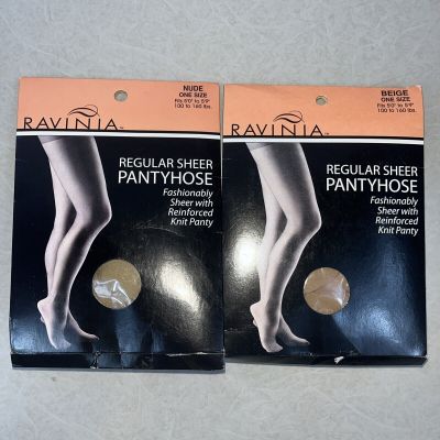 NOS Ravinia Pantyhose Regular Sheer Reinforced Knit Panty One Size 2 Pairs