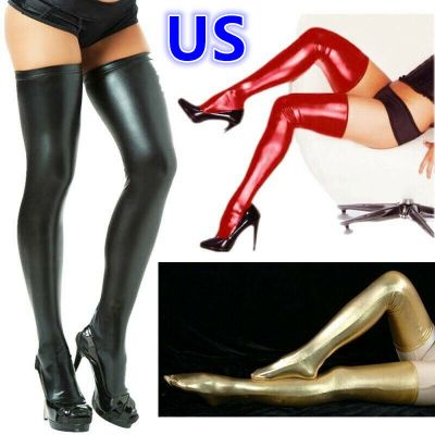 US Sexy Women Latex Rubber Stockings Spandex Anti Skid Thigh High Socks Clubwear