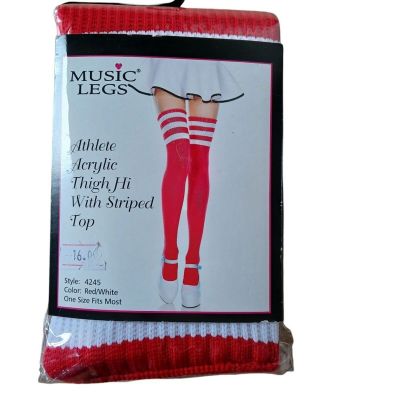 Music Legs Thigh High Stocking Athletic Striped Red & White ML-4245