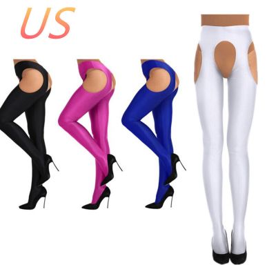 USWomen Hot Lingerie Open Crotch Long Stockings Shiny Suspender Pantyhose Tights