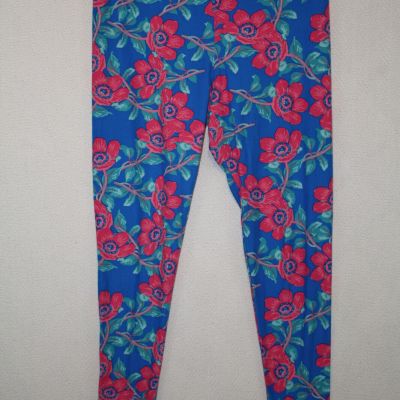LuLaRoe Tall Curvy TC Leggings Bright Blue with Pink Floral Design