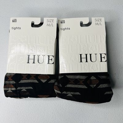 2 Pairs Of Hue Womens Tribal Pattern Tights With Control Top Black Size M/L