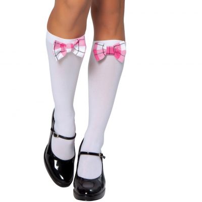 Sexy Hosiery Roma White Knee-High Stockings w Pink Plaid Bow Costume Accessory