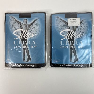 NEW Silkies Ultra Control Jet Black Large Top Ultra Sheer Legs Lot of 2 Italy