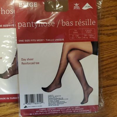 2 LOT Juncture Day Sheer Beige Reinforced Toe Pantyhose/Tights One Size (S/M/L)