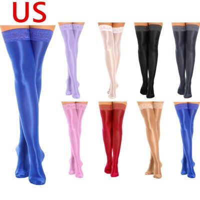 US Women Oil Glossy Nylon Socks Lace Thigh High Stockings Hold Up Solid Hosiery