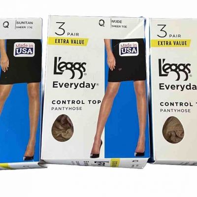 3x Leggs Everyday Control Top Pantyhose 3 Pair Pack Size Q Nude Sheer Toe