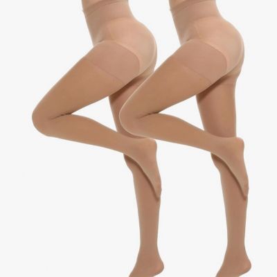MANZI Women's 2 Pairs Opaque Control Top Tights 70 Denier Pantyhose Suntan Large