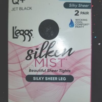 L'EGGS 2 PAIR SILKEN MIST CONTROL TOP TIGHTS-SILKY SHEER LEG/TOE-Q+-JET BLACK