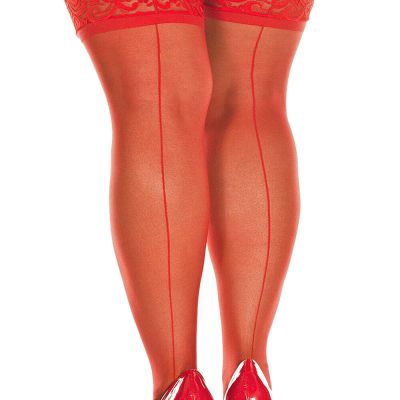 Plus Size Nylon Thigh High Stockings With Lace Top And Backseam (20101q-RD)