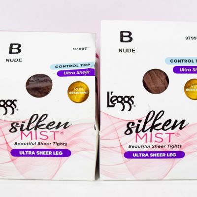 2 L'eggs Silken Mist Control Top Ultra Sheer Run Resistant Pantyhose NUDE Size B
