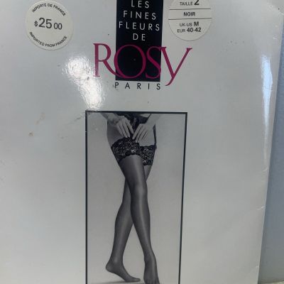 ROSY PARIS GARTER SATINY NYLONS STOCKINGS WIDE LACE TOP SIZE-2-M BLACK