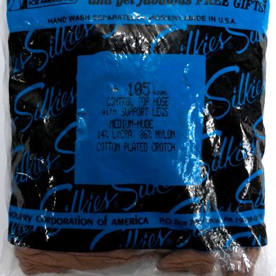 1 x Silkies Medium NUDE 105 Control Top Hose w/ Support Legs USA Made Vtg